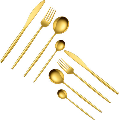 MANISHAWARE Add a Little Sparkle to Your Day | A Stylish Gold Flatware Set | Design E Stainless Steel Cutlery Set(Pack of 8)