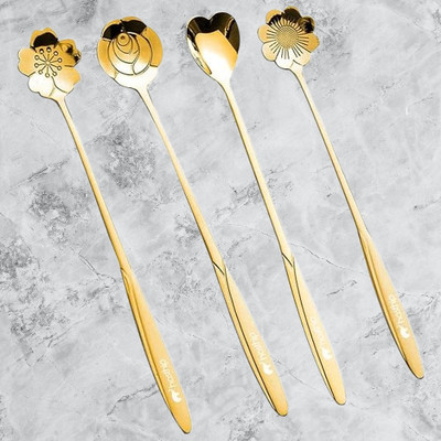 RHNFASHION RHNFASHION 4pcs golden spons,coffee spoon, flower teaspoons,Desserts Spoons Stainless Steel Cutlery Set(Pack of 4)