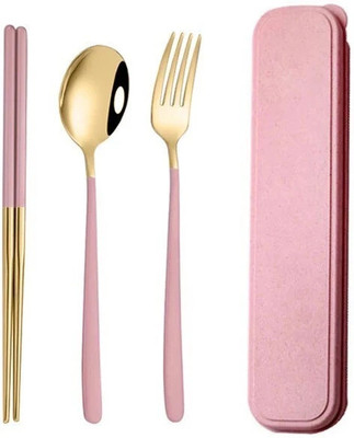 CherryBox Premium Spoon Fork & Chopstick Set - Flatware Tableware Set - Gold and Pink Stainless Steel Cutlery Set(Pack of 1)
