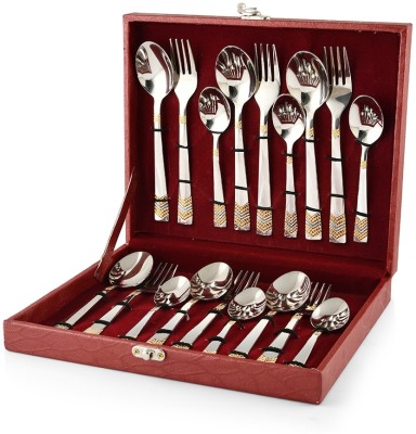 FnS RAGA 24 Karat Gold Plated Set - 6 Dinner Spoons, 6 Dinner Fork, 6 Tea Spoons Stainless Steel Cutlery Set(Pack of 18)