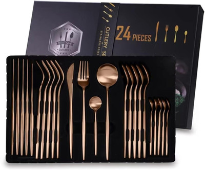 Iktu 24-Piece Housewarming Gift Dining Table Decor Polished Tableware (Rose Gold) Stainless Steel Cutlery Set(Pack of 24)