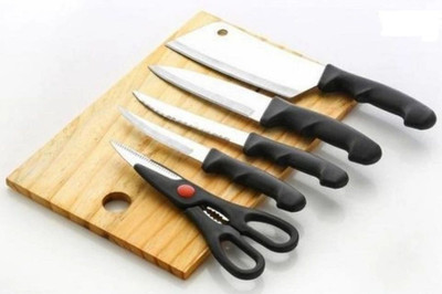 R K ENTERPRISE Wooden Chopping Board with Knife Set & Scissor, 6 Piece Kitchen Knife Set Wooden, Stainless Steel Cutting Board(Multicolor Pack of 6)