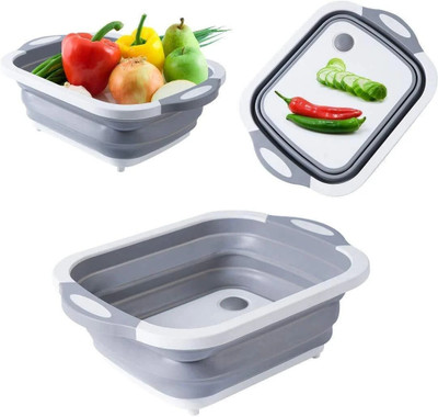 Mynestico Multipurpose Cutting Board with Washing Bowl – Foldable, Collapsible Dish Tub Plastic Cutting Board(Grey Pack of 1 Dishwasher Safe)