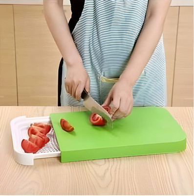 Jinila 3 in 1 Chopping Board with Strainer Tray Sliding Cutting Board for Kitchen Use Plastic Cutting Board(Green Pack of 1 Dishwasher Safe)