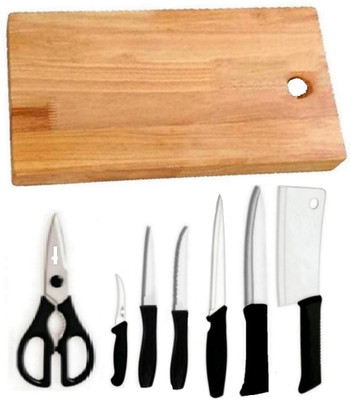 SUPERCOOL DNJ Knife set & Chopping Board (wooden)Knife set full and Wooden Chopping Block Wooden Cutting Board(Multicolor Pack of 8 Dishwasher Safe)