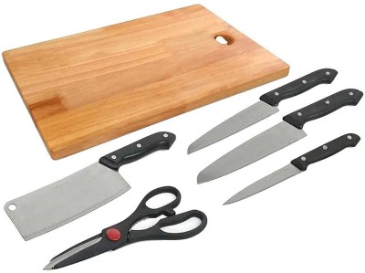 Poojan Sales Wooden Chopping Board with Knife Set and Stainless Steel Scissor Stainless Steel, Wooden, Plastic Cutting Board(Brown, Steel Pack of 1 Dishwasher Safe)