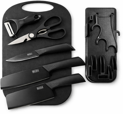 Flipkart SmartBuy 7pcs Black Premium Knife Set with Chopping Board High Carbon Stainless Steel Stainless Steel, Plastic Cutting Board(Black Pack of 7 Dishwasher Safe)