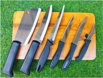 R K ENTERPRISE Knife set SS with Chopping Board Knife set 6 and Chopping/cutting board wooden Wooden Cutting Mat(Multicolor Pack of 7)