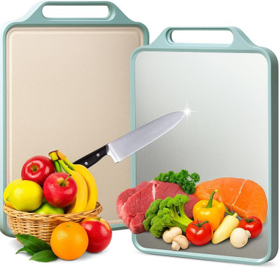 avnish 2in1 Large Steel Chopping Cutting Board for Kitchen Double Side Heavy-Duty Fruit Aluminium Cutting Board(Silver, Beige Pack of 2 Dishwasher Safe)