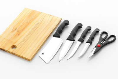 R K ENTERPRISE Knife set SS with Chopping Board Knife set 5 and Chopping/cutting board(WOODEN) Wooden Cutting Board(Multicolor Pack of 6 Dishwasher Safe)