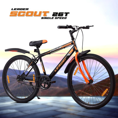 LEADER Scout MTB Mountain Bicycle without Gear for Men 26 T (inch) Mountain Cycle(Single Speed, Black, Rigid)