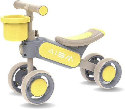 AMBERZ Balance Bike Baby Push Ride-On Car for Toddler Kids 4 Wheels 10 T (inch) Balance Bike(Single Speed, Yellow, Rigid)