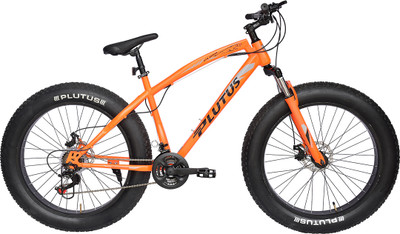 PLUTUS Jaguar Fat-Bike Age-12+ with Dual Disc Brake, Multi Speed (Orange) 26 T (inch) Fat Tyre Cycle(21 Gear, Orange, Only Front Suspension)