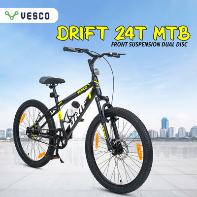 VESCO Drift 24T Bicycle Steel Rim Big Kids Boys & Girls 9 to 15 age 24 T (inch) Mountain Cycle(Single Speed, Black, Only Front Suspension)