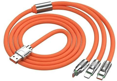 BASS BLING 3-in-1 Cable 6 A 1.5 m Nylon Braided 120W QUICK CHARGE LED SOFT INDICATOR ORANGE(Compatible with ALL SMARTPHONE, All Electrical devices, Orange, One Cable)
