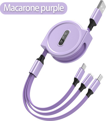 TECHGEAR Power Sharing Cable 1.2 m 3 in 1 Retractable USB Cable Fast Charging Type C Cable Phone Charger(Compatible with Mini Type C Micro USB Port, Purple, One Cable)