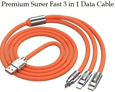 BASS BLING 3-in-1 Cable 6 A 1.5 m Nylon Braided 3 in 1 Charger Cable Portable Retractable 120Watt High Speed Super Fast Charging Cable For All Smartphone And Multi-Function Use(Compatible with ALL SMARTPHONE, All Electrical devices, Orange, One Cable)