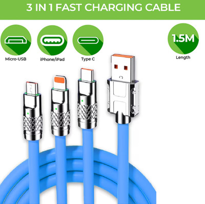 HUG PUPPY 3-in-1 Cable 1 m 3 in 1 Charging Cable Multi charging cable 1.5m(Compatible with Smartphones, iPhone, Android,, Multicolor)