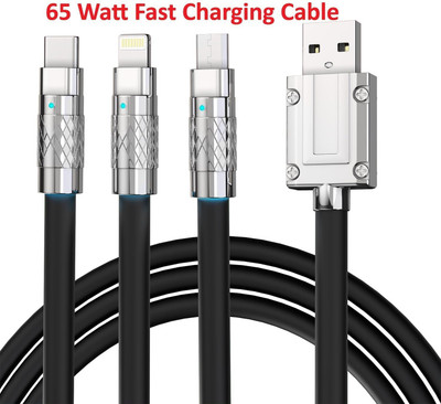 Larecastle 3-in-1 Cable 6 A 1.2 m 65 Watt Fast Charging Data Cable(Compatible with Android and iOS, Black)