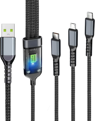AMS 3-in-1 Cable 6 A 1 m 100W LED Digital Display Fast Charging 3-In-1 Braided Car Charger Data Cable(Compatible with Smartphones, iPhone, Android, Laptop, Boomin Black, One Cable)