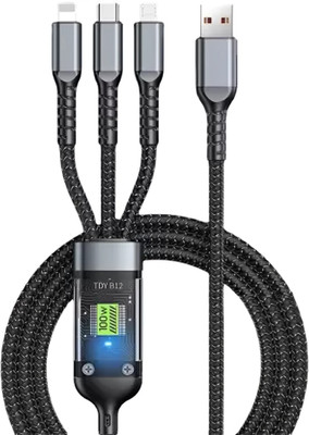 SPEEDFOX 3-in-1 Cable 1.2 m Nylon Braided Multipurpose 3 in 1 Charging Cable Nylon Braided Multiple USB Fast Charging Cable(Compatible with All Smartphone, iPhones and Android, iOS and Type C Devices & Car Charging, Black, One Cable)