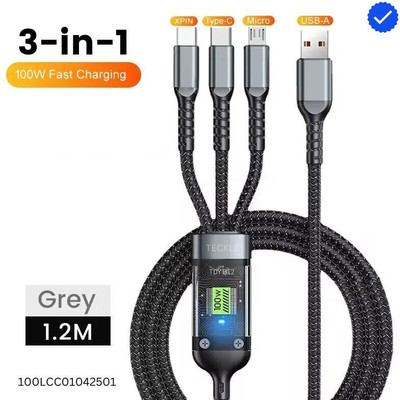 TECKLE 3-in-1 Cable 1.5 A 1 m Metal 100w-LightChip-3in1-Cable-01042510(Compatible with iPhone 15 Pro Max/15/14/13/12, Samsung Galaxy S23, Black, One Cable)