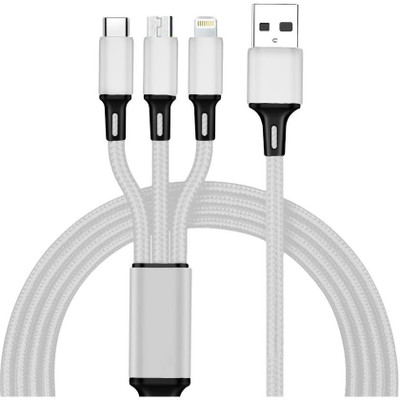 TecSox 3-in-1 Cable 1.2 m 3A Multi Pin Cable 1.2 Meter(Compatible with Micro USB/Type-C/iOS Device,1.25m Length Fast Charging Cable Cable Length 1.2 m, Grey)