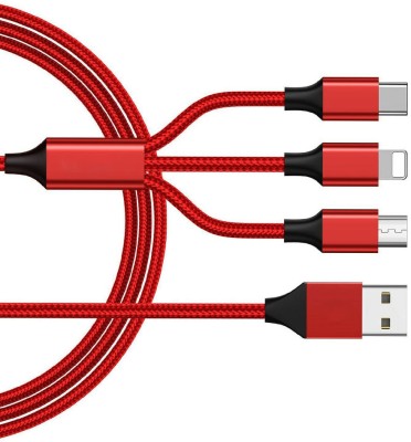 BASS BLING 3-in-1 Cable 0 A 1.5 m copper Hot Selling 3.0A Fast Charger Cord, Multiple Charging Cable 4Ft/1.2m 3-in-1 USB Charge Cord with Phone/Type C/Micro USB for All Android and iOS Smartphones(Compatible with ALL SMARTPHONE, ALL SPEAKERS, HEADPHONE, Red, One Cable)