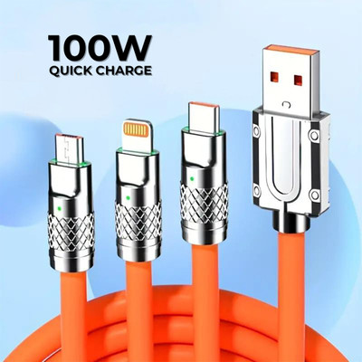 TecSox 3-in-1 Cable 13 A 1 m Braided 3 in 1 100W Fast Charging Cable Compatible for-iPhone & Android with MFI Certified (1 Meter)(Compatible with Apple & Android, Orange, One Cable)