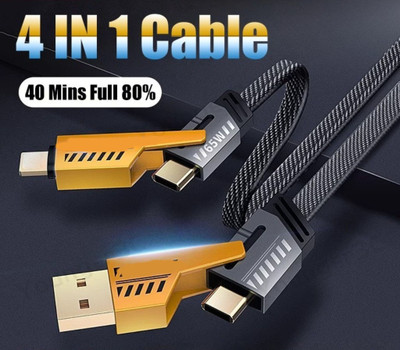 BUFONA 4-in-1 Cable 1.2 m Universal Multipin Charging Data Cable Dual Head 65W Type C Mobile Cable(Compatible with All Type A Of Android, Type-C And iOS Smartphones, Black, Yellow, One Cable)
