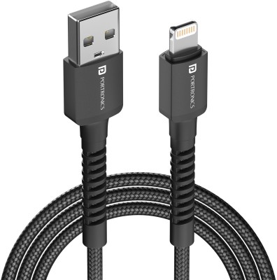 Portronics Lightning Cable 3 A 2 m Konnect X Nylon Braided Fast Charging and Data Sync(Compatible with Smartphones, Black, One Cable)