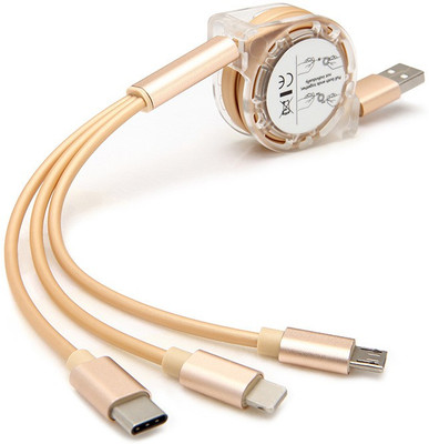 SOJUBA Micro USB Cable 1.2 m Multi USB Charger Cable Retractable 3 in 1 Multiple Charging Cable(Compatible with All Type Of Android, Type-C And iOS Smartphones, Golden, One Cable)