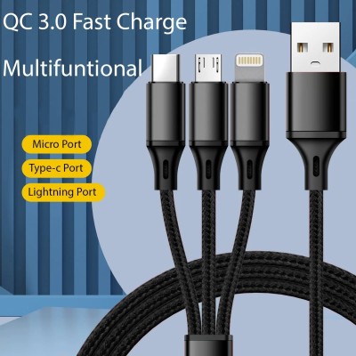 ASTOUND Micro USB Cable 3 A 1 m Nylon Braided 3 in 1 Nylon Braided Fast Charging Multi Charger Cable(Compatible with Mobile, Tablet, TV, Camera, Computer, Gaming Console, Black, One Cable)