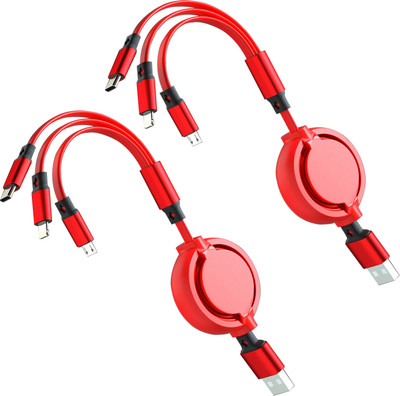 WRADER Micro USB Cable 3 A 1 m Stranded 3 in 1 Fast Charging Cable for All Android Mobiles & iOS Phone Retractable Cable(Compatible with Micro USB Smartphones, USB-C Smartphones, iOS Phones, Red, Pack of: 2)