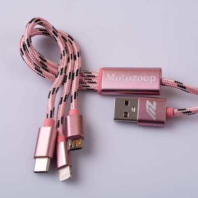 MOTOZOOP Micro USB Cable 1.5 m Nylon Braided 3 in 1 Fast Multi Pin Car Mobile Charging Cable 2.4 Amp for Android (Pink)(Compatible with Apple, Google Pixel, Samsung Galaxy S8, Samsung, Pink, One Cable)