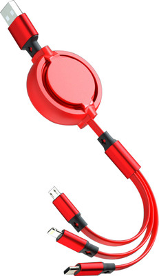 MOBIZAC Micro USB Cable 3 A 1 m Stranded 3in1 Cable Fast Charging Retractable Cable for All Android Mobiles and iOS Phone(Compatible with Micro USB Smartphones, USB-C Smartphones, iOS Phones, Red, One Cable)