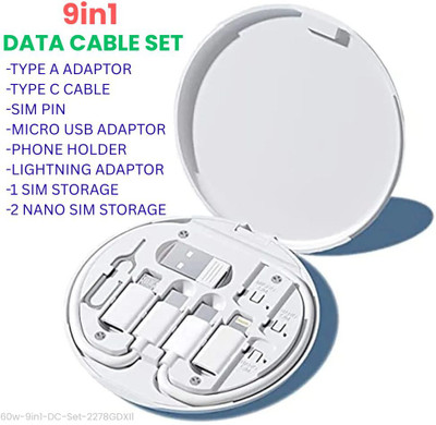 TECKLE Micro USB Cable 1.5 A 1 m Metal Braided Compact 9in1 Data Cable Set Multifunction Fast Charging – Multiple Connectors with Round Storage Box and Hidden Holder| D9IN175R(Compatible with Data Cable Box, Multicolor, One Cable)