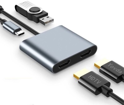 RuhZa USB C to Dual HDMI Adapter, Type C Hub 4 in 1 Laptop Docking Station USB C to Dual HDMI Adapter(Silver)