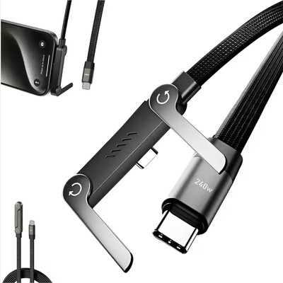 FYNC Type C 1.5 m 240W Type-C to Type-C Fast Charging Cable with Foldable Phone Stand, 360° Rotation, Braided Design, 480 Mbps Data Transfer(Compatible with Samsung, Xiaomi, OnePlus, Pixel, Oppo, Vivo, Apple, Black, One Cable)