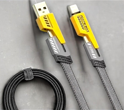 SPEEDFOX 4-in-1 Cable 2 A 1.2 m metal braied 4 in 1 charging data cable for all iphones, smartphone with 65W fast charing 1.2 M length(Compatible with all device with c connectors, all devices with lightnng cable, Black, Yellow, One Cable)