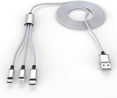 The Black Store USB Type C Cable 1 m USB Cable Multi Pins Charging Cables 3 in 1 Data Cable(Compatible with Micro USB , Type C & Lightning Cable Data cable, Gray, One Cable)