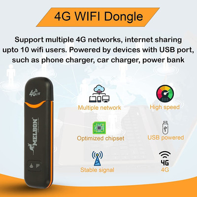 Melbon 4G Speed LTE WiFi USB Dongle Stick with All SIM Network Support Data Card(Black)