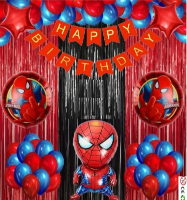 Urban Classic SpiderMan theme of 60 pcs- 40pcs of Red, Blue balloons,2pc Star Foil Balloons, 2pc Round SpiderMan Foil Balloons, 1pc Birthday Banner,2pc Curtains(Black, Red).