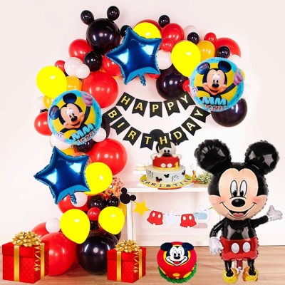 Urban Classic Mickey Mouse theme pack of 60 pcs-40pcs of Red,white,black,Yellow balloons ,2pc blue Star Balloons, 3pc Round Mickey M Foil Balloons, 1pc Birthday Banner.