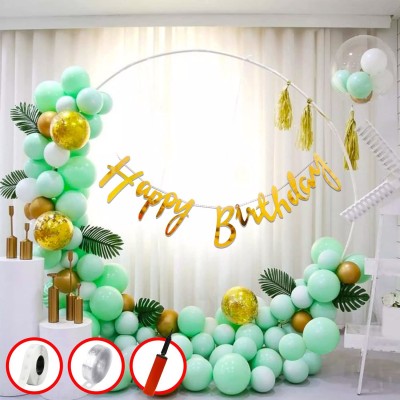 DEQUERA Solid Green Birthday Decoration Items Combo Set for Kids- Happy Birthday Foil Banner Balloon(Green, Pack of 60)
