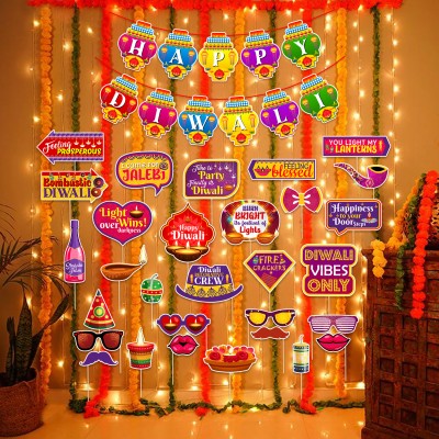 ZYOZI Multicolor Happy Diwali Decorations Set - Banner With Photo Booth & Rice Light (Pack Of 32)