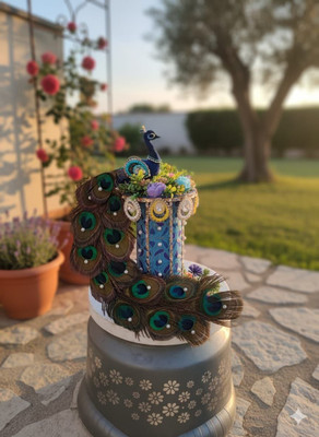 Almond Royal Peacock Decorative Centerpiece with Real Feathers Decorative Showpiece  -  7.1 cm(Fabric, Blue)