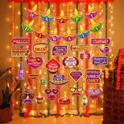 ZYOZI Multicolor Diwali Decorations Items- Banner,Photo Booth & Rice Light (Pack Of 32)