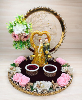 Wedlock Engagement Ring Platter with Golden Statue | Wedding & Proposal Decorative Tray Wood Decorative Platter(Maroon, Gold)