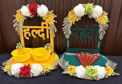 Wedlock Haldi Mehendi Tray | Combo of Haldi Mehendi Platter Wood Decorative Platter(Multicolor, Pack of 2)